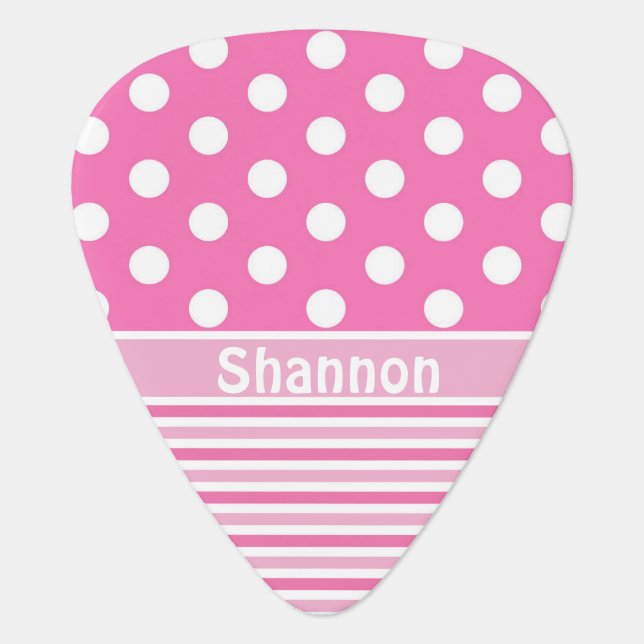Pink White Polka Dots and Pink Stripes Monogrammed Guitar Pick (Front)