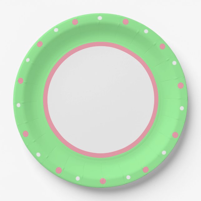 Pink White Polka Dots Mint Green Paper Plates (Front)