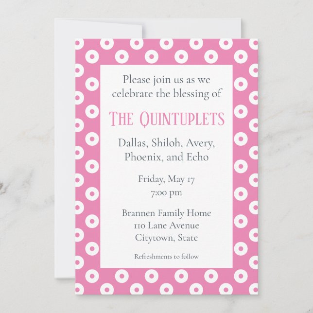 Pink & White Polka-Dots Multiple Baby Blessing Inv Invitation (Front)