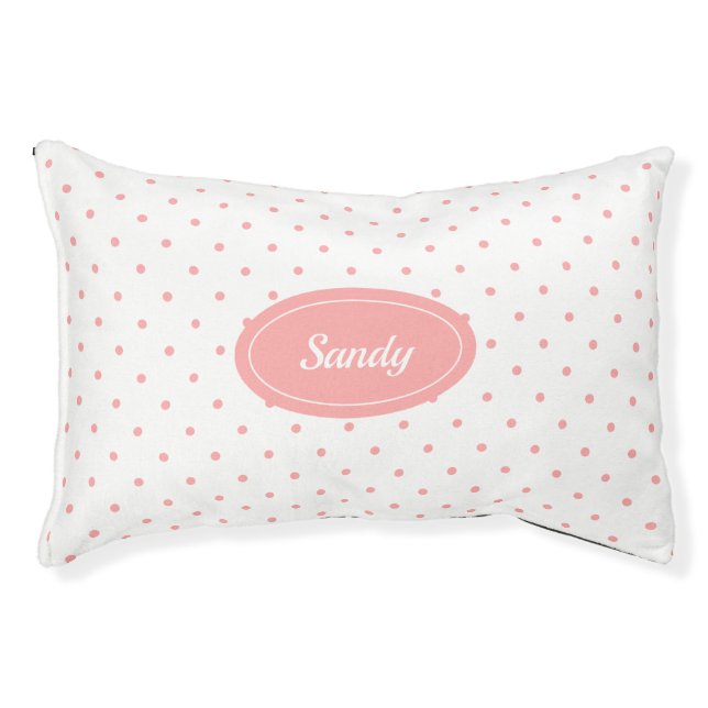 Pink & White Polka Dots Pattern With Custom Name Pet Bed (Front)