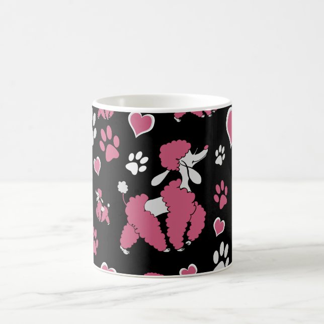 Pink White Poodle Pattern on Black Background Coffee Mug (Center)