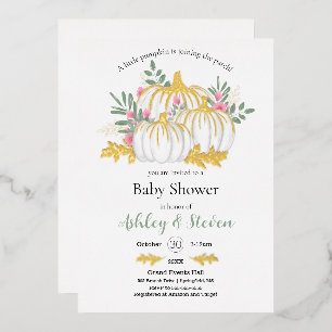 Pink White Pumpkin Baby Shower gold Foil Invitation