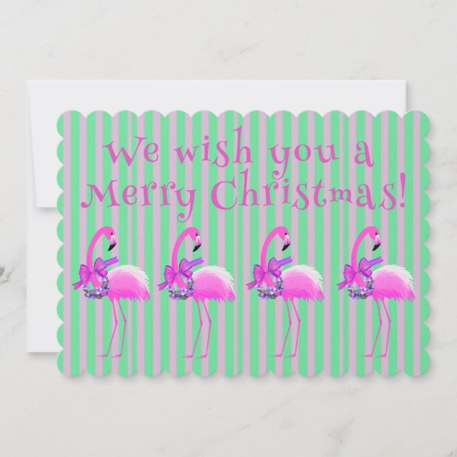 Pink White Purple Christmas Flamingos Personalized Holiday Card (Front)
