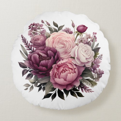 Pink White Purple Rose Peonies Floral Flower  Round Pillow