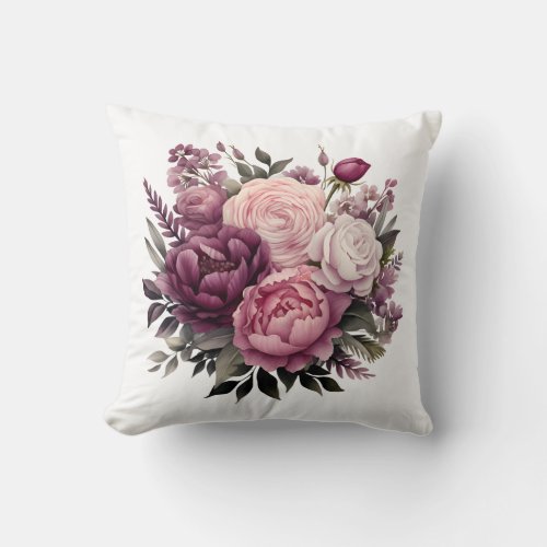 Pink White Purple Rose Peonies Floral Flower  Throw Pillow