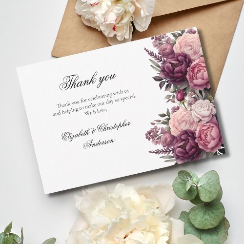 Pink White Purple Watercolor Floral Wedding  Thank You Card