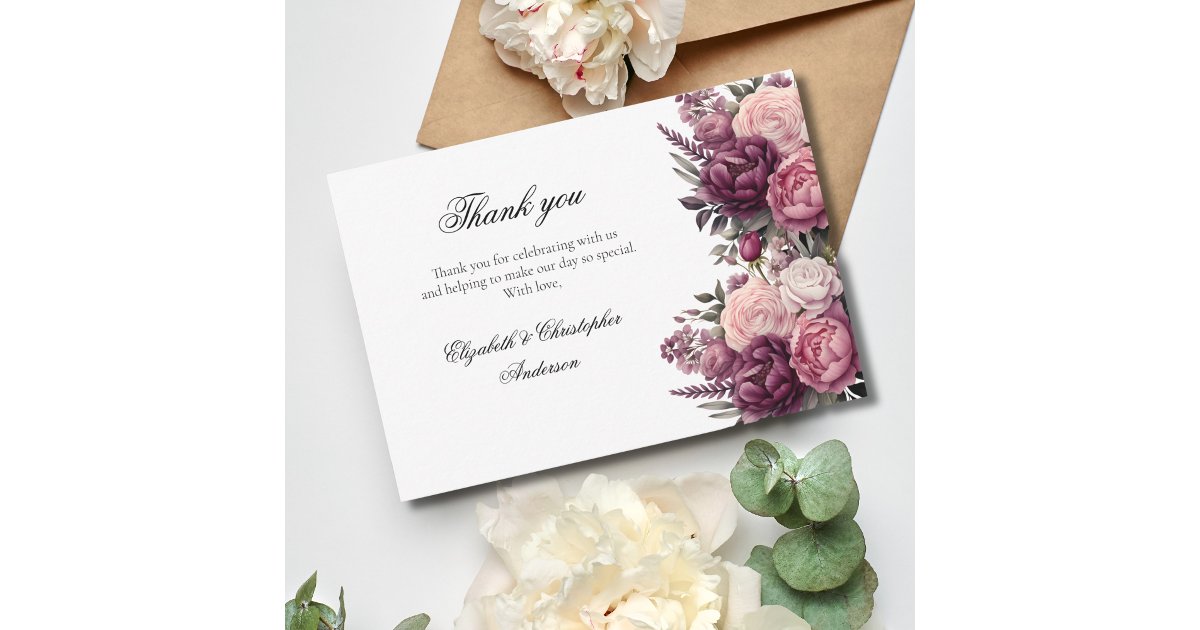 Pink White Purple Watercolor Floral Wedding Thank You Card | Zazzle