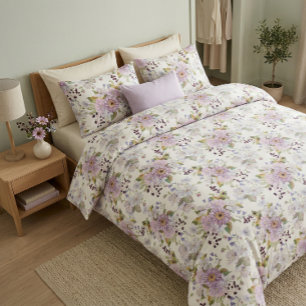 Pink White Purple Watercolor Wildflower Duvet Cover
