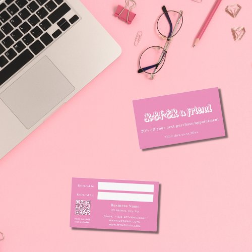 Pink white qr code business referral card