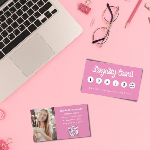 Pink white qr code photo makeup loyalty card
