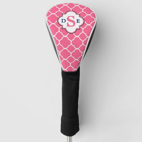 Pink White Quatrefoil Monogram Golf Head Cover