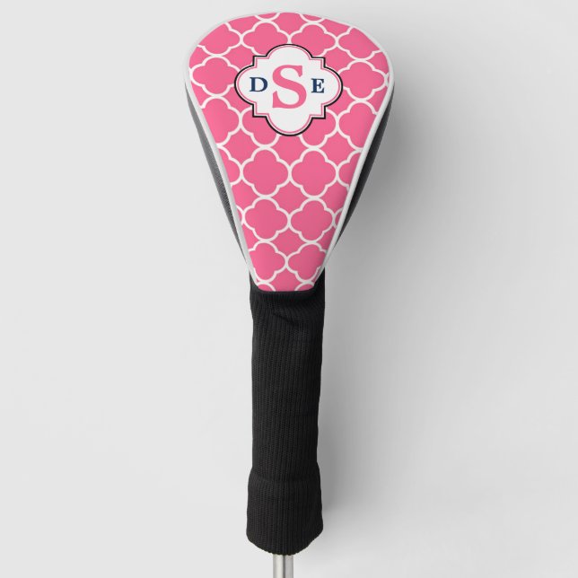 Pink White Quatrefoil Monogram Golf Head Cover (Front)
