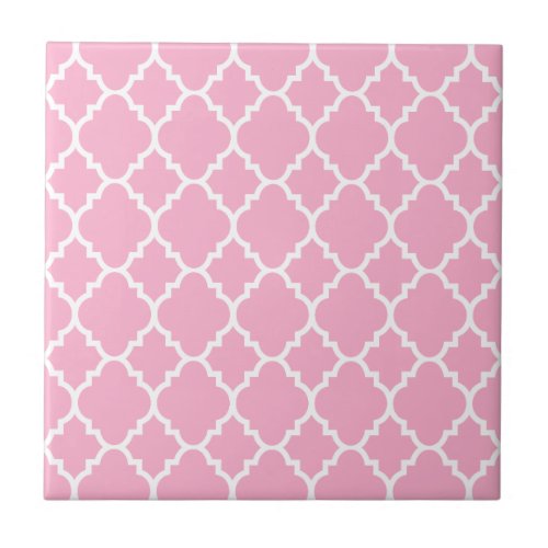 Pink White Quatrefoil Moroccan Pattern Tile
