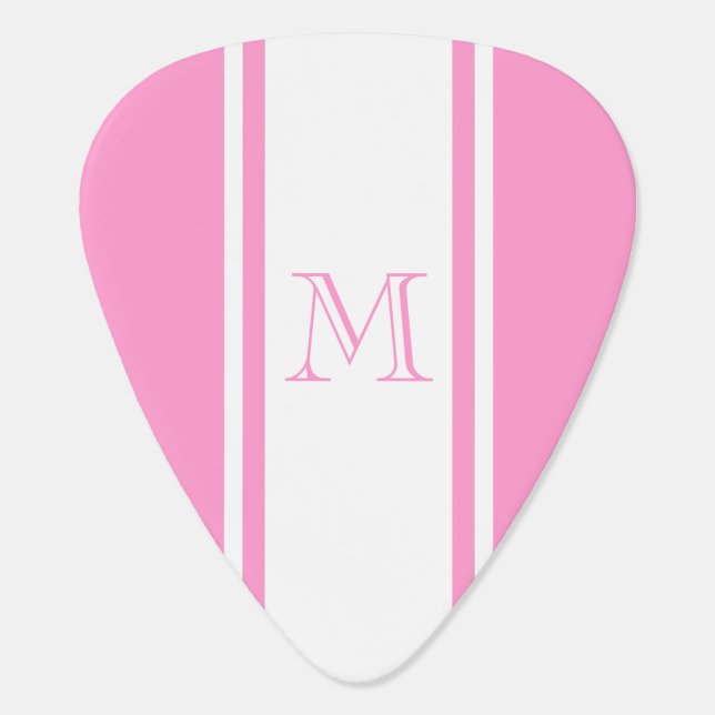 Pink & White Racer Stripe Monogram Guitar Pick (Back)