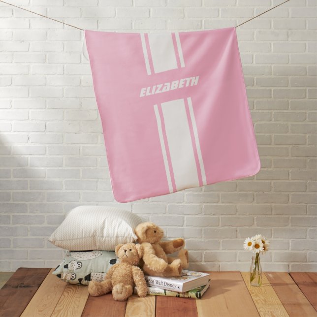 Pink White Racing Stripes Monogram Warm Cozy Soft Baby Blanket (In Situ)
