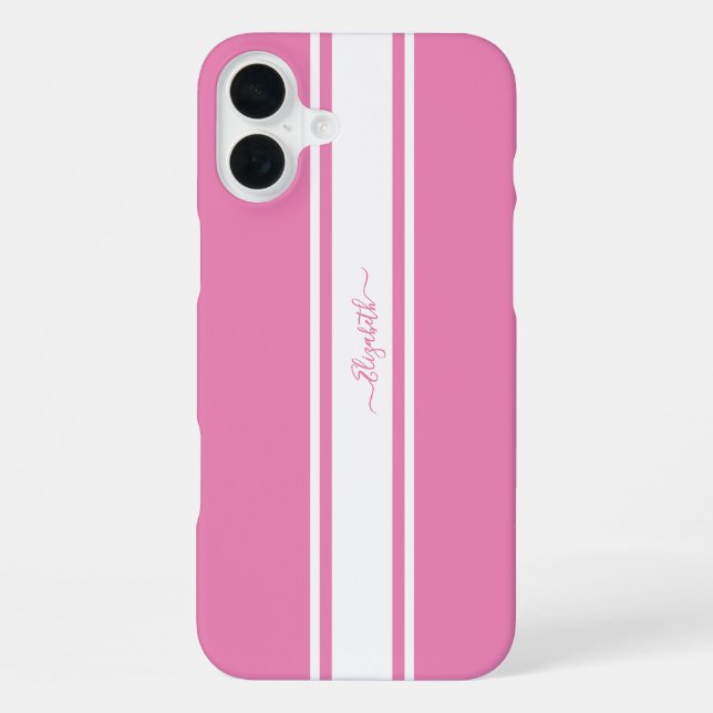 Pink White Racing Stripes Monogrammed Girly Chic iPhone Case (Back)