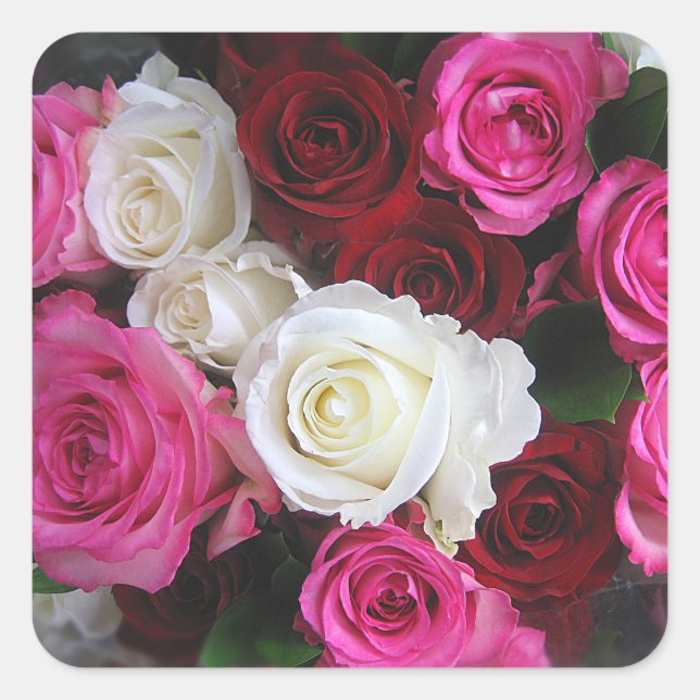 Pink, White & Red Roses Bouquet Photo- Square Sticker (Front)