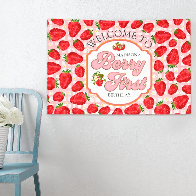 Pink White Red Strawberry Welcome Birthday Banner (Creator Uploaded)