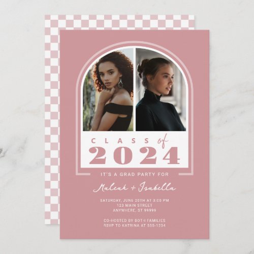 Pink White Retro Arch Photo Graduation Party Invitation