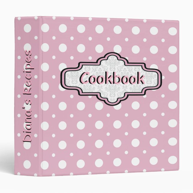Pink, white retro polka dot cute recipe 3 ring binder (Front/Spine)