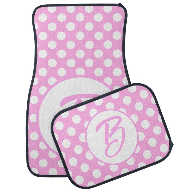 Pink white retro polka dots monogram  car floor mat (Set)