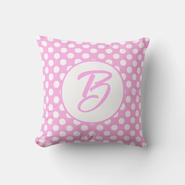 Pink white retro polka dots  monogrammed    throw pillow (Front)
