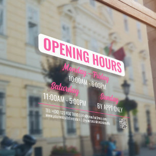 Pink & White Retro Script QR Code Opening Hours Window Cling