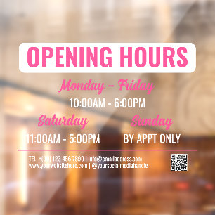 Pink & White Retro Script QR Code Opening Hours Window Cling
