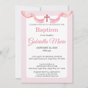 Pink & White Ribbon Cross Watercolor Baptism Invitation