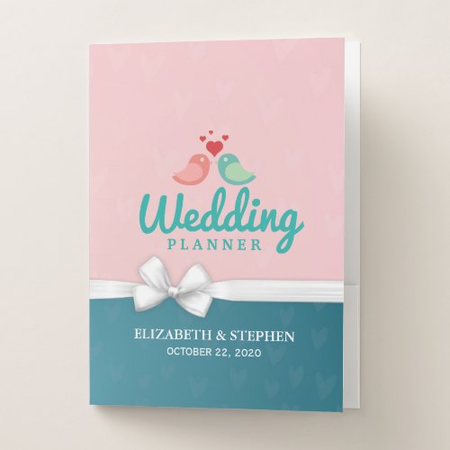 Pink White Ribbon Love Bird Couple Wedding Planner Pocket Folder
