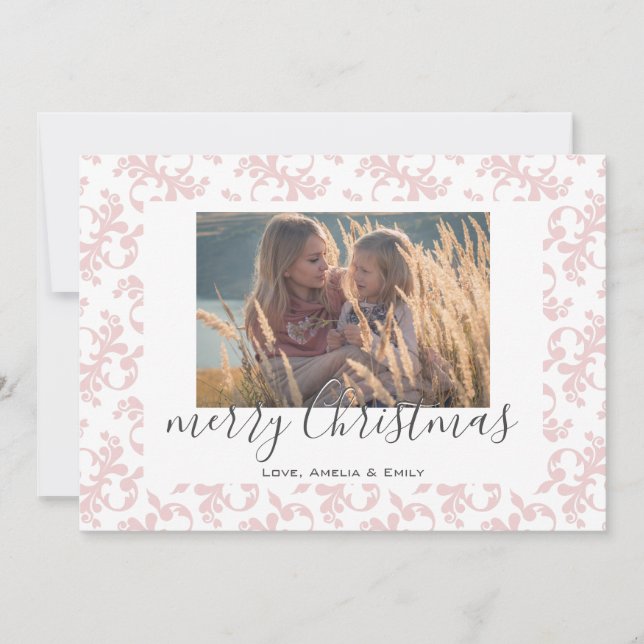 Pink White Rococo Merry Christmas Script Photo  Holiday Card (Front)