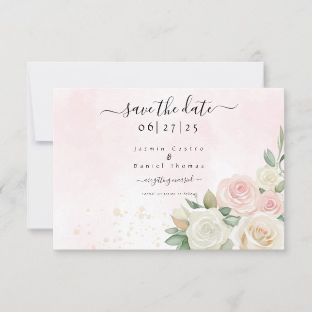 Pink & White Rose Blooms Flat Save The Date Card (Front)