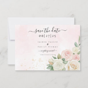 Pink & White Rose Blooms Flat Save The Date Card