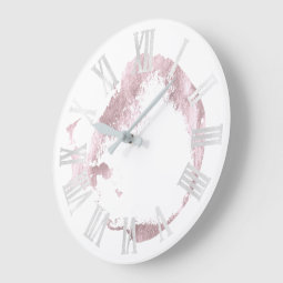 Pink White Rose Blush Gray Roman Numbers Large Clock | Zazzle