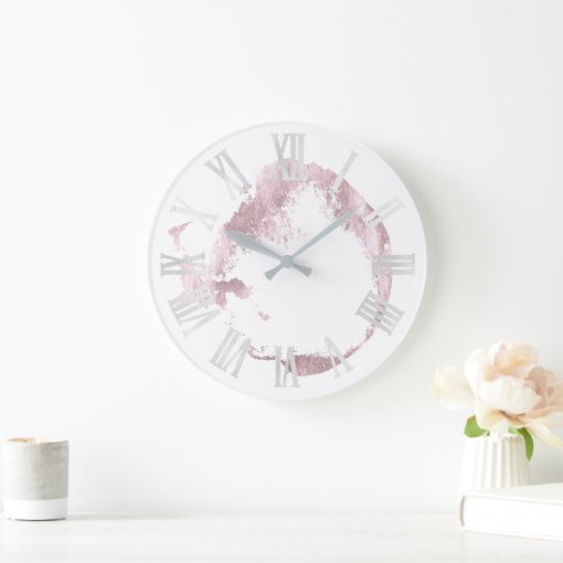 Pink White Rose Blush Gray Roman Numbers Large Clock | Zazzle