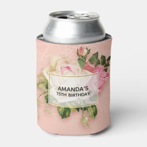 Pink  White Rose Bouquet Birthday Can Cooler