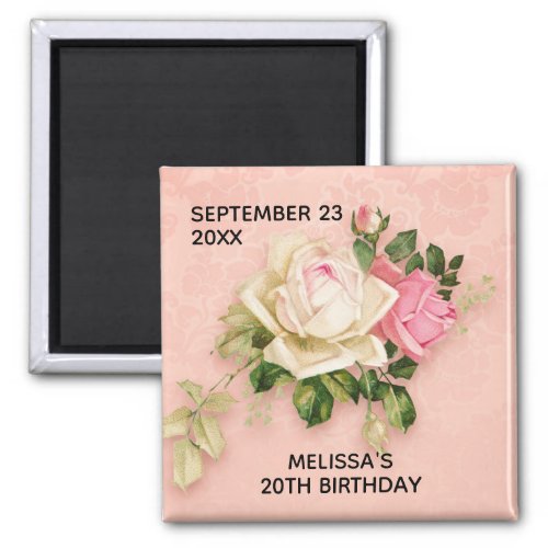 Pink  White Rose Bouquet Birthday Magnet