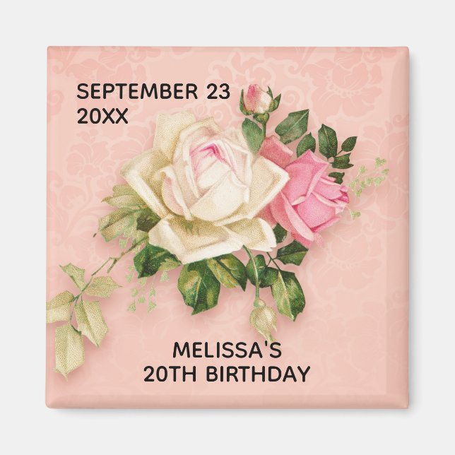 Pink & White Rose Bouquet Birthday Magnet (Front)