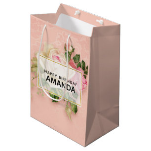 Pink & White Rose Bouquet Birthday Medium Gift Bag