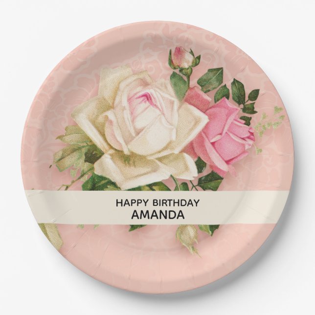 Pink & White Rose Bouquet Birthday Paper Plates (Front)