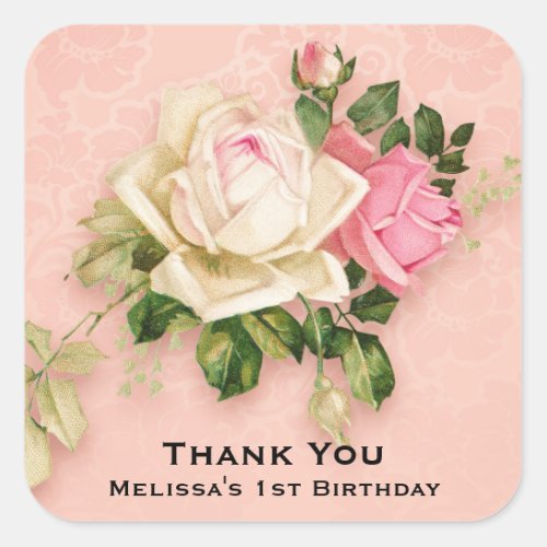 Pink  White Rose Bouquet Birthday Square Sticker