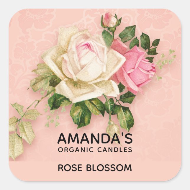 Pink & White Rose Bouquet Candle or Soap Square Sticker (Front)