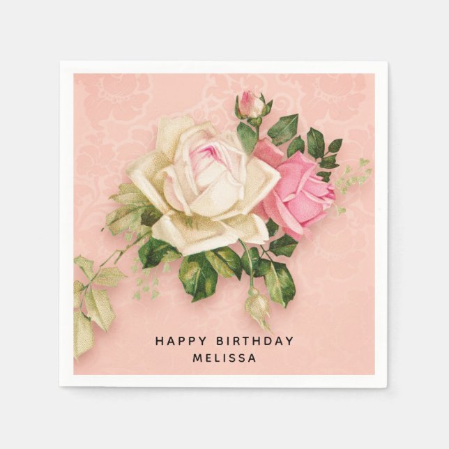 Pink & White Rose Bouquet Elegant Birthday Napkins (Front)