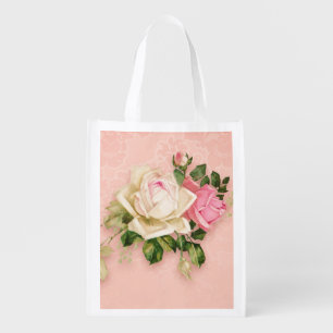 Pink & White Rose Bouquet Grocery Bag