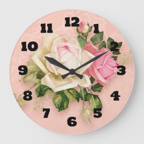 Pink  White Rose Bouquet Large Clock
