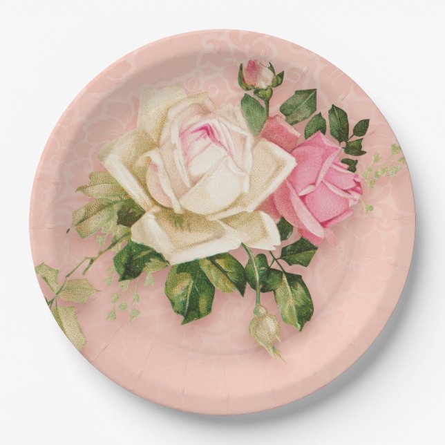 Pink & White Rose Bouquet Paper Plates (Front)