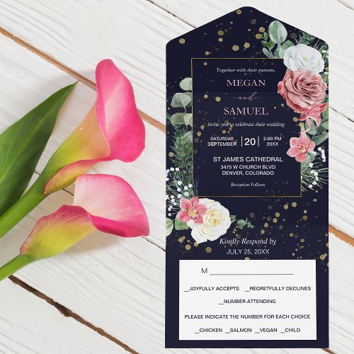 Pink White Rose Bouquet Photo Wedding All In One Invitation