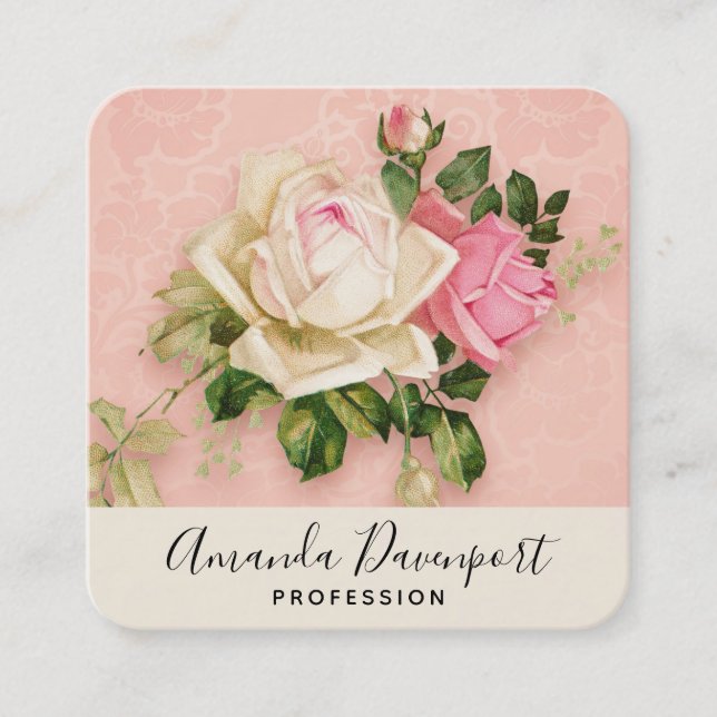Pink & White Rose Bouquet Square Business Card (Front)