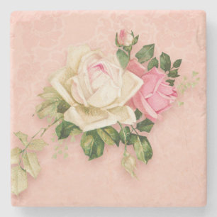 Pink & White Rose Bouquet Stone Coaster