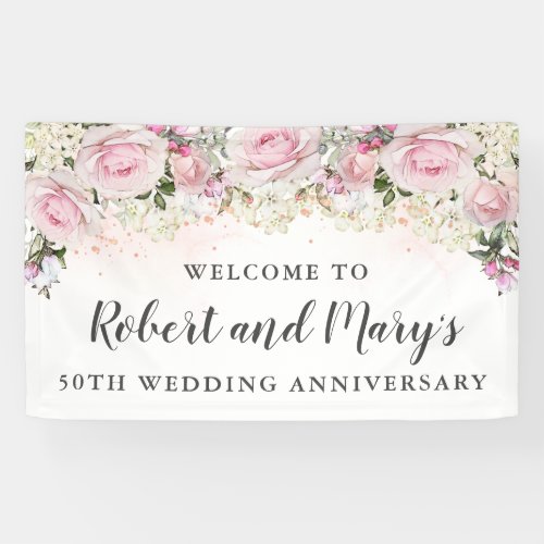 Pink White Rose Floral 50th Wedding Anniversary Banner